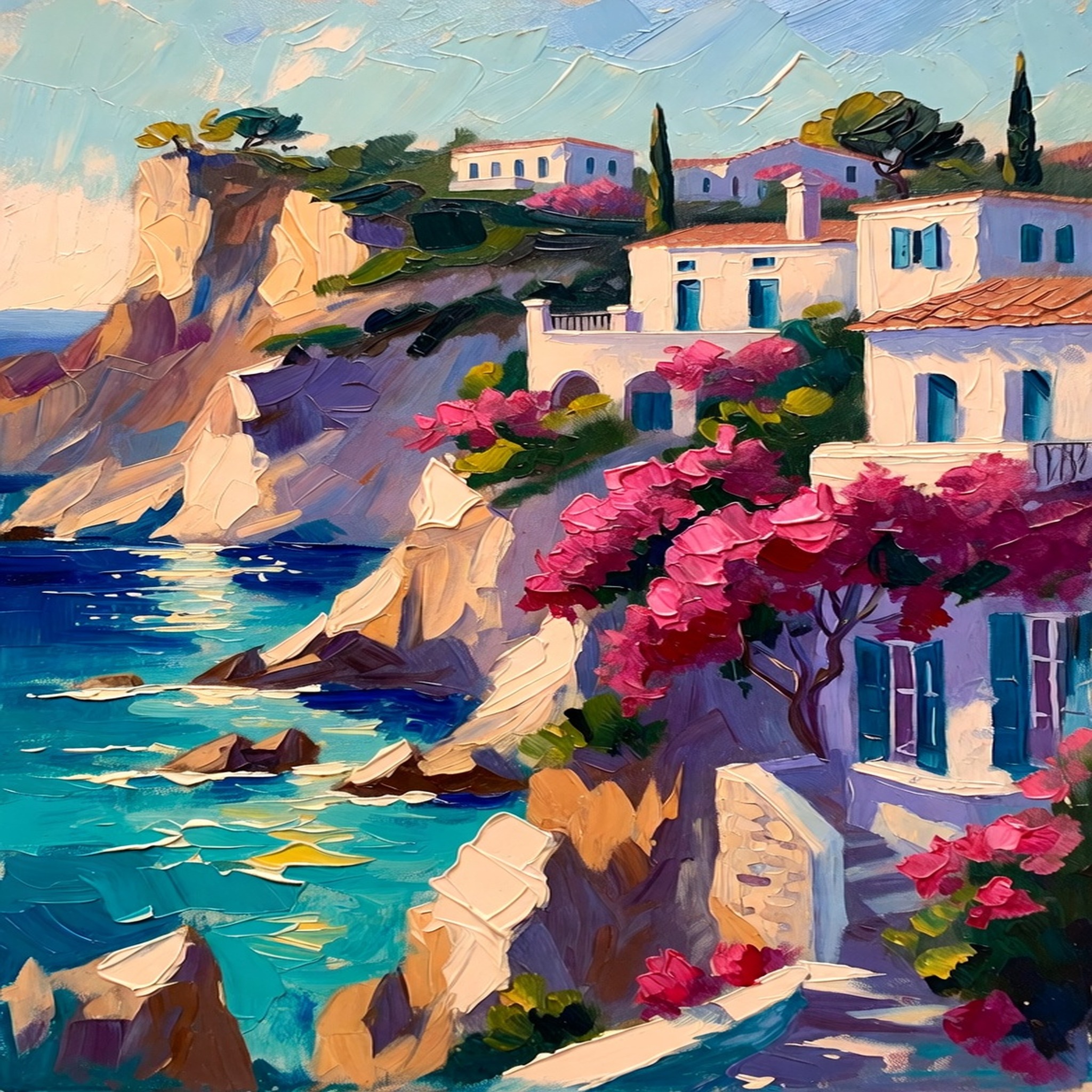 Mediterranean coastal artwork with blue sea and pink flowers